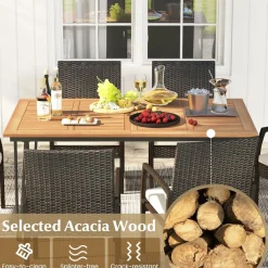 Tangkula 7 Pieces Patio Dining Set with Acacia Wood Dining Table, Rattan Armchairs, Soft Cushions