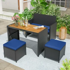 Tangkula 4 Pieces Patio Dining Set, Space Saving PE Rattan Loveseat with Acacia Wood Top Dining Table