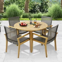 Tangkula 5 Pieces Patio Dining Set, 4 Patio Wicker Armchairs and Round Acacia Wood Dining Table