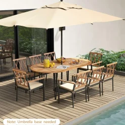 Tangkula 9 Pieces Patio Dining Set, Outdoor Dining Table with Acacia Wood Top & Umbrella Hole