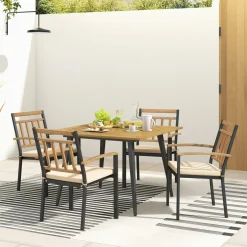 Tangkula 5 Pieces Patio Dining Set, Outdoor Dining Table and Chairs with Cushions, Square Acacia Wood Dining Table with Umbrella Hole