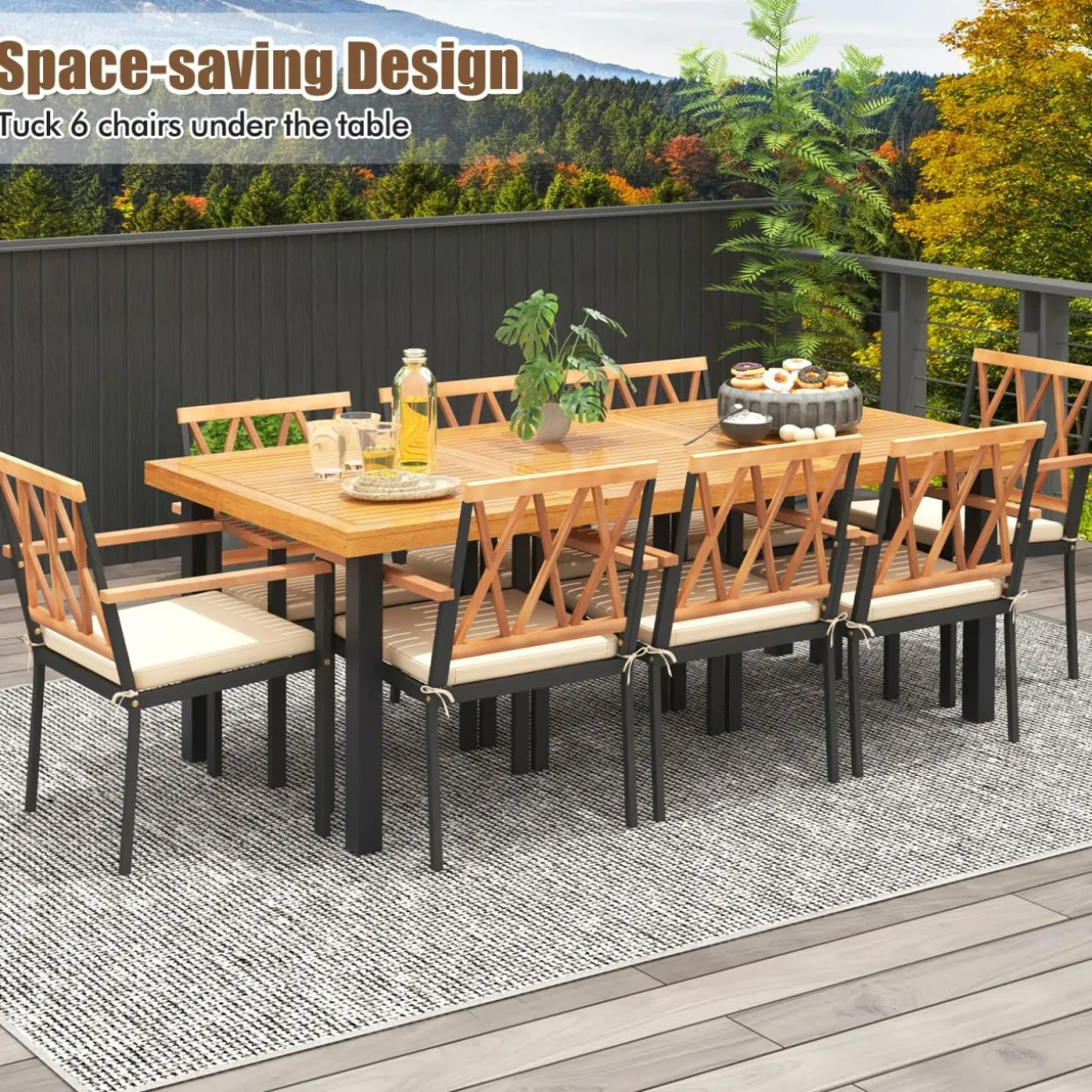 Tangkula 9 Pieces Patio Dining Set, Outdoor Acacia Wood Table and Chairs with Soft Cushions and 1.9” Umbrella Hole