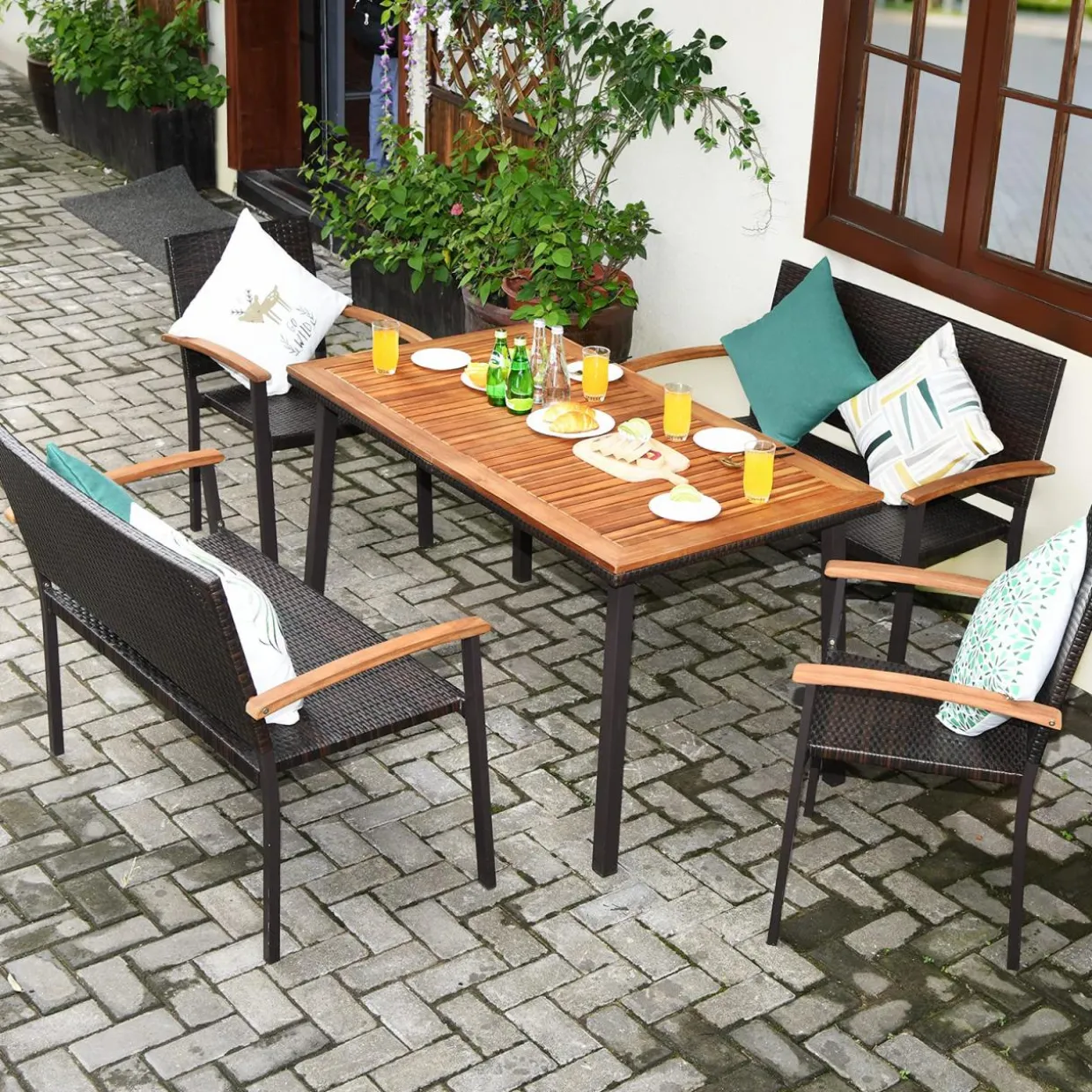 Tangkula 5 Pieces Patio Dining Set, Modern Conversation Set w/Solid Wood Table & Umbrella Hole for Backyard Garden Porch