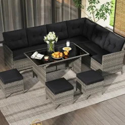 Tangkula 7 Pieces Patio Dining Furniture Set, Outdoor PE Rattan Sectional Sofa Set with Soft Cushions