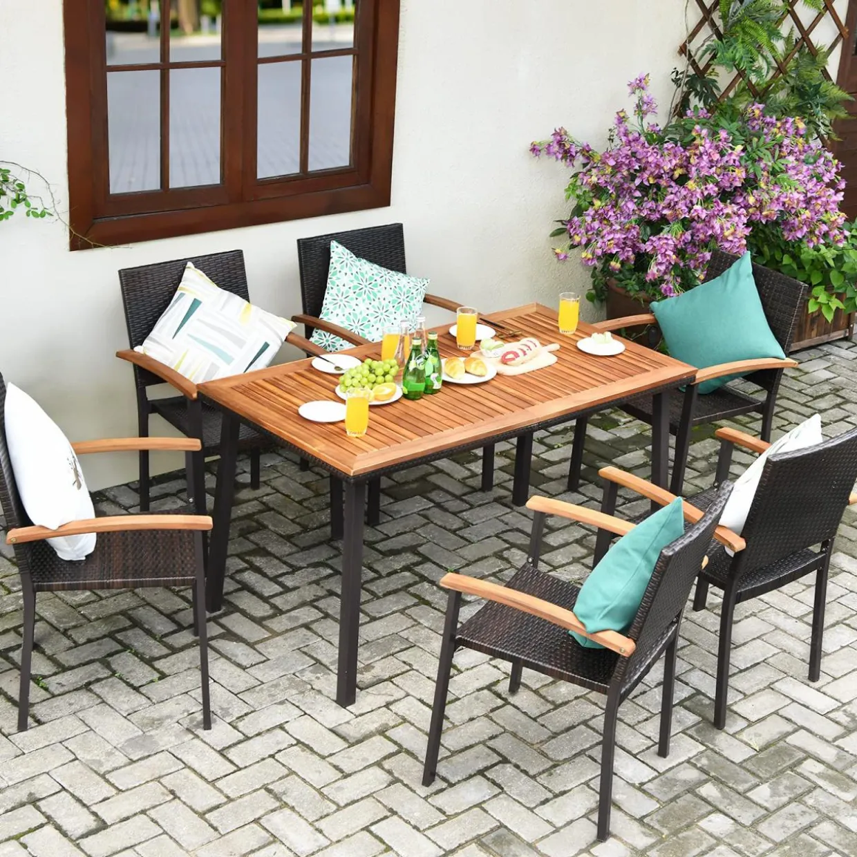 Tangkula 7 Pieces Patio Dining Set, Modern Conversation Set Umbrella Hole for Backyard Garden Poolside