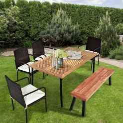 Tangkula 6 Pieces Patio Dining Set, Outdoor Acacia Wood and Wicker Furniture Set w/2.16