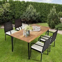 Tangkula 5 Pieces Patio Dining Set, Acacia Wood and Wicker Furniture Set w/2.16