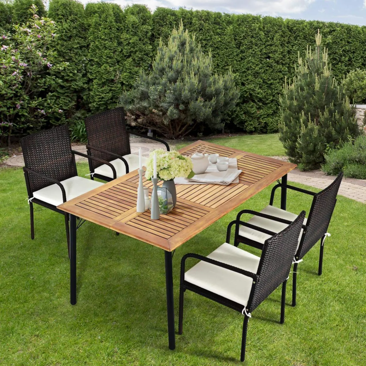 Tangkula 5 Pieces Patio Dining Set, Acacia Wood and Wicker Furniture Set w/2.16"Umbrella Hole for Backyard