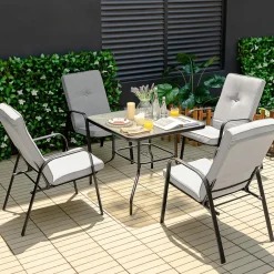 Tangkula 6 Pieces Patio Dining Set w/Umbrella, 35 Inches Square Steel Tempered Glass Table (Grey)