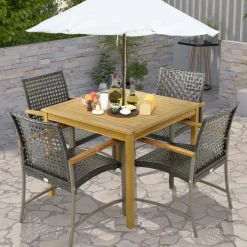 Tangkula 5 Pieces Patio Dining Set, 4 Wicker Armchairs and Square Acacia Wood Dining Table with 1.9” Umbrella Hole