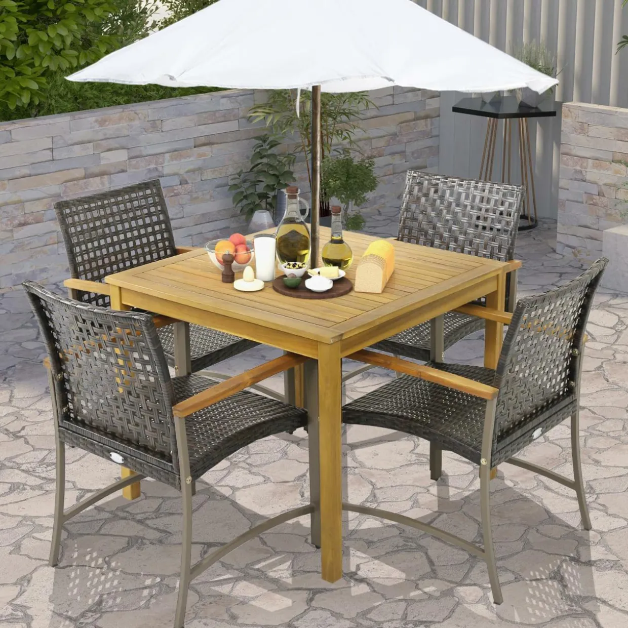 Tangkula 5 Pieces Patio Dining Set, 4 Wicker Armchairs and Square Acacia Wood Dining Table with 1.9” Umbrella Hole