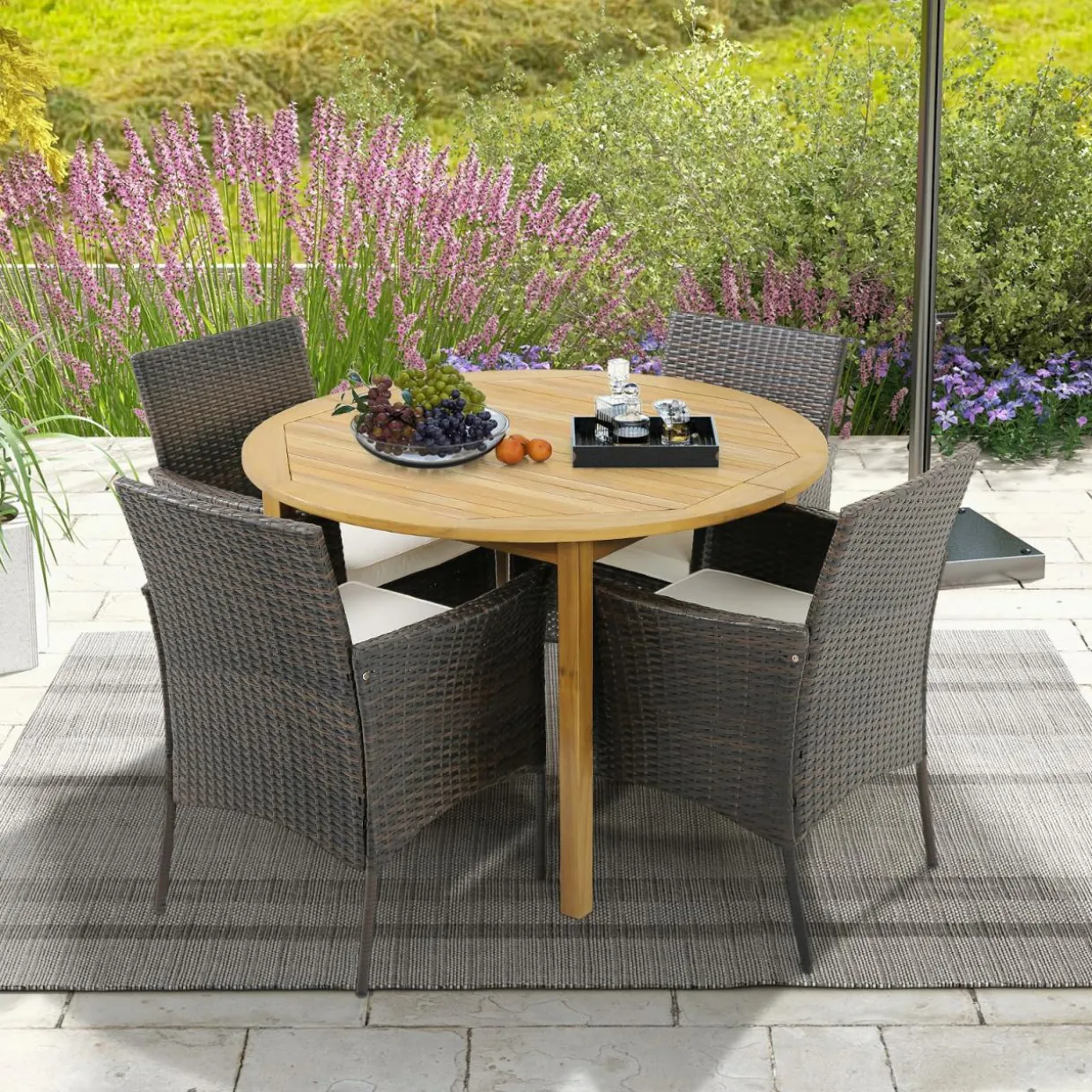 Tangkula 5 Pieces Patio Dining Set, 4 Cushioned Wicker Armchairs and Round Acacia Wood Dining Table