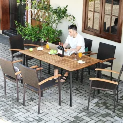 Tangkula 7 Pieces Patio Dining Set, Outdoor Dining Table Set with Acacia Wood Table Top, 6 Wicker Armchairs