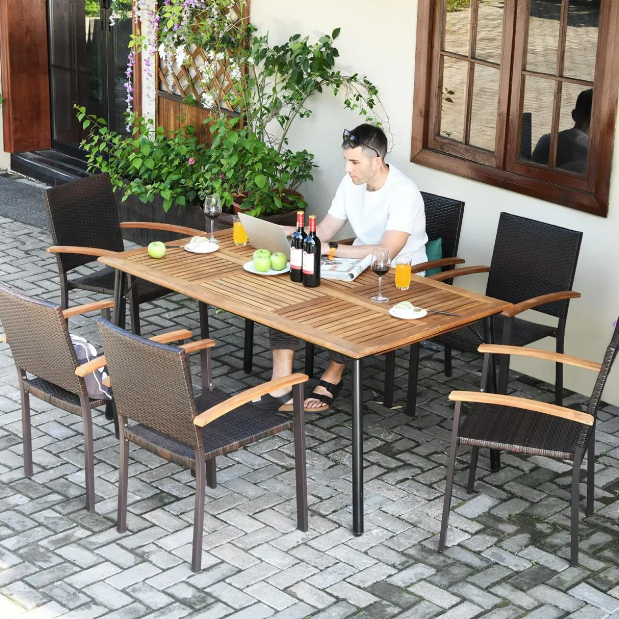 Tangkula 7 Pieces Patio Dining Set, Outdoor Dining Table Set with Acacia Wood Table Top, 6 Wicker Armchairs