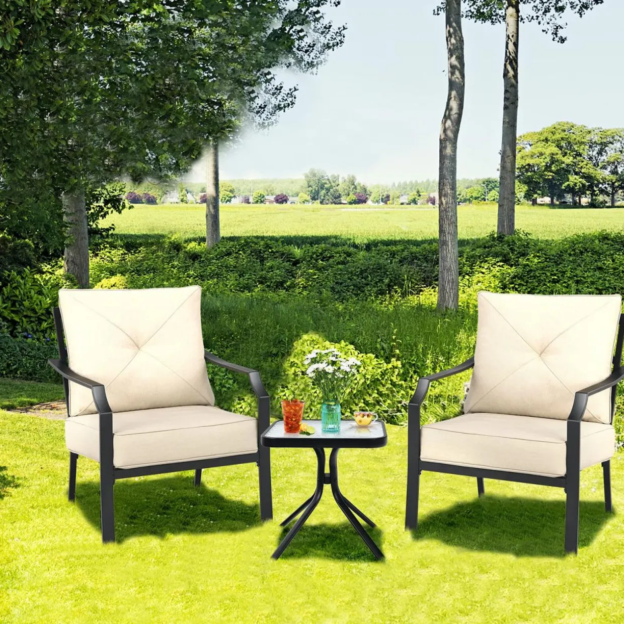 Tangkula 2 Pieces Patio Dining Chairs, Outdoor Bistro Armchairs with Steel Frame, Thick and Soft Cushions