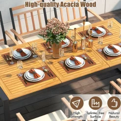 Tangkula 9 Pieces Patio Dining Set, Outdoor Acacia Wood Table and Chairs with Soft Cushions and 1.9” Umbrella Hole