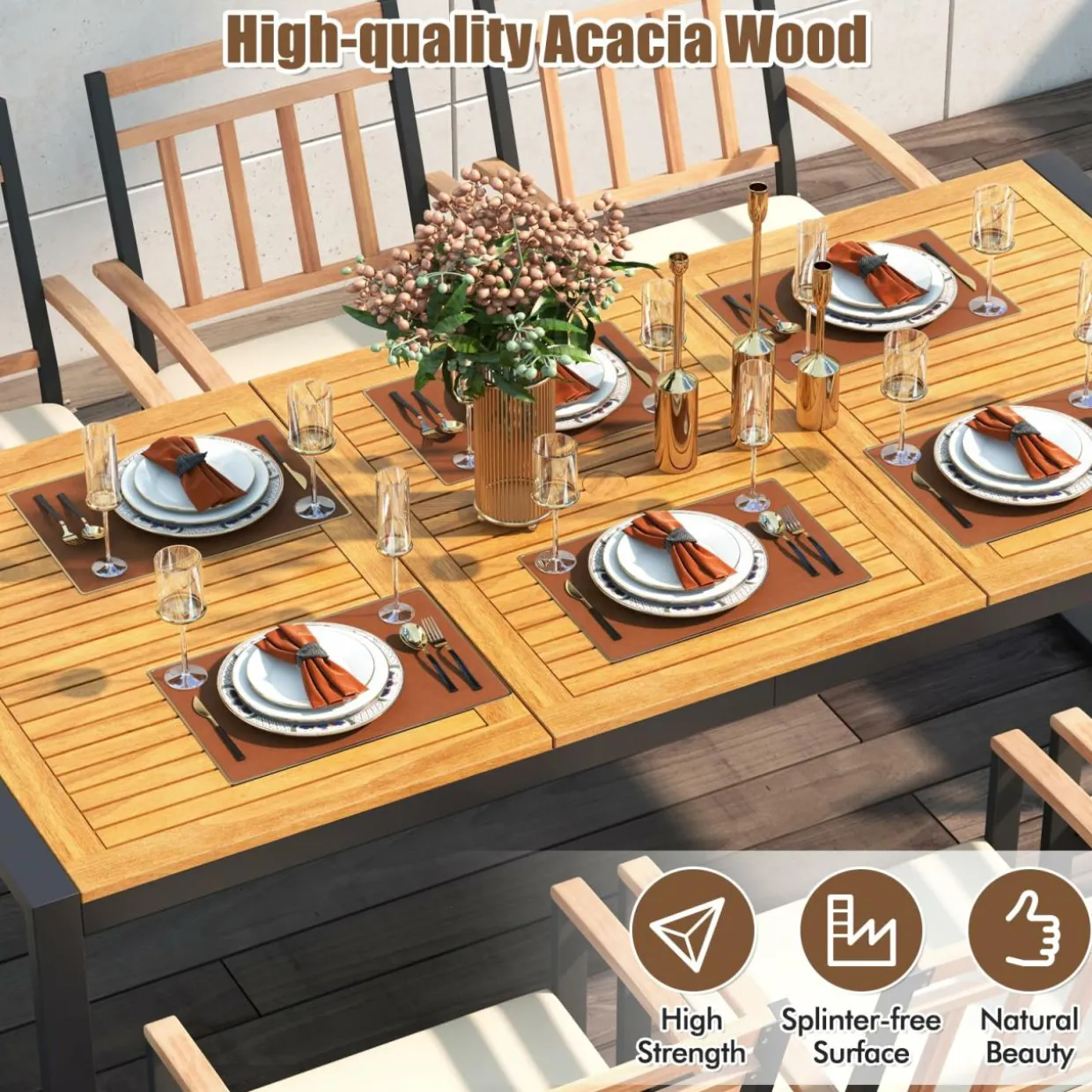 Tangkula 9 Pieces Patio Dining Set, Outdoor Acacia Wood Table and Chairs with Soft Cushions and 1.9” Umbrella Hole