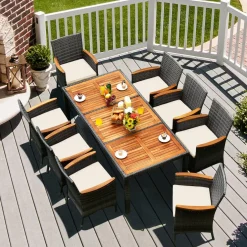 Tangkula 9 Pieces Patio Dining Set, , Outdoor Acacia Wood & Rattan Furniture Set with Cushions, Table & 8 Chairs