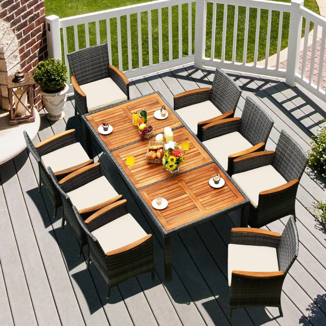 Tangkula 9 Pieces Patio Dining Set, , Outdoor Acacia Wood & Rattan Furniture Set with Cushions, Table & 8 Chairs