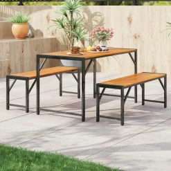 Tangkula 3 Pieces Patio Dining Set for 6 People, Outdoor Picnic Table & 2 Benches, 53” Acacia Wood Dining Table