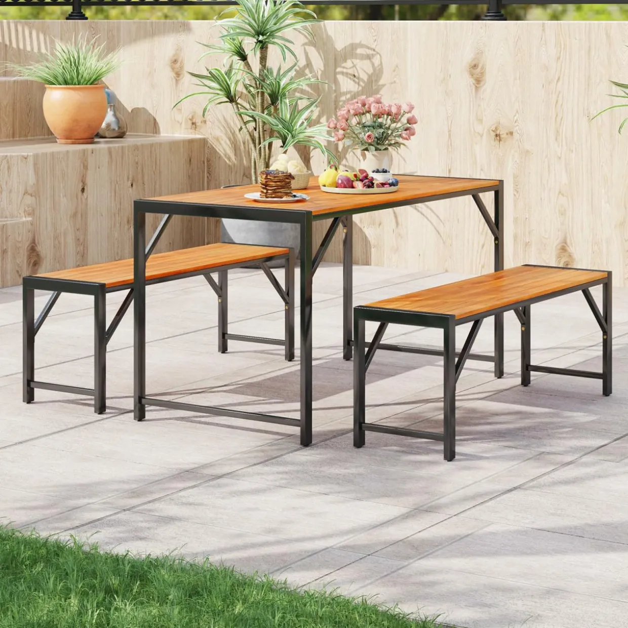 Tangkula 3 Pieces Patio Dining Set for 6 People, Outdoor Picnic Table & 2 Benches, 53” Acacia Wood Dining Table