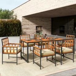 Tangkula 7 Pieces Patio Dining Set, Outdoor Acacia Wood Table and Chairs with Soft Cushions and Umbrella Hole