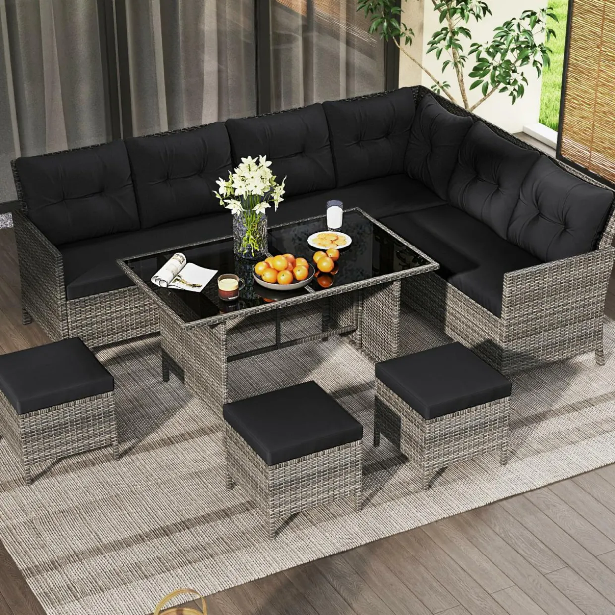 Tangkula 7 Pieces Patio Dining Furniture Set, Outdoor PE Rattan Sectional Sofa Set with Soft Cushions