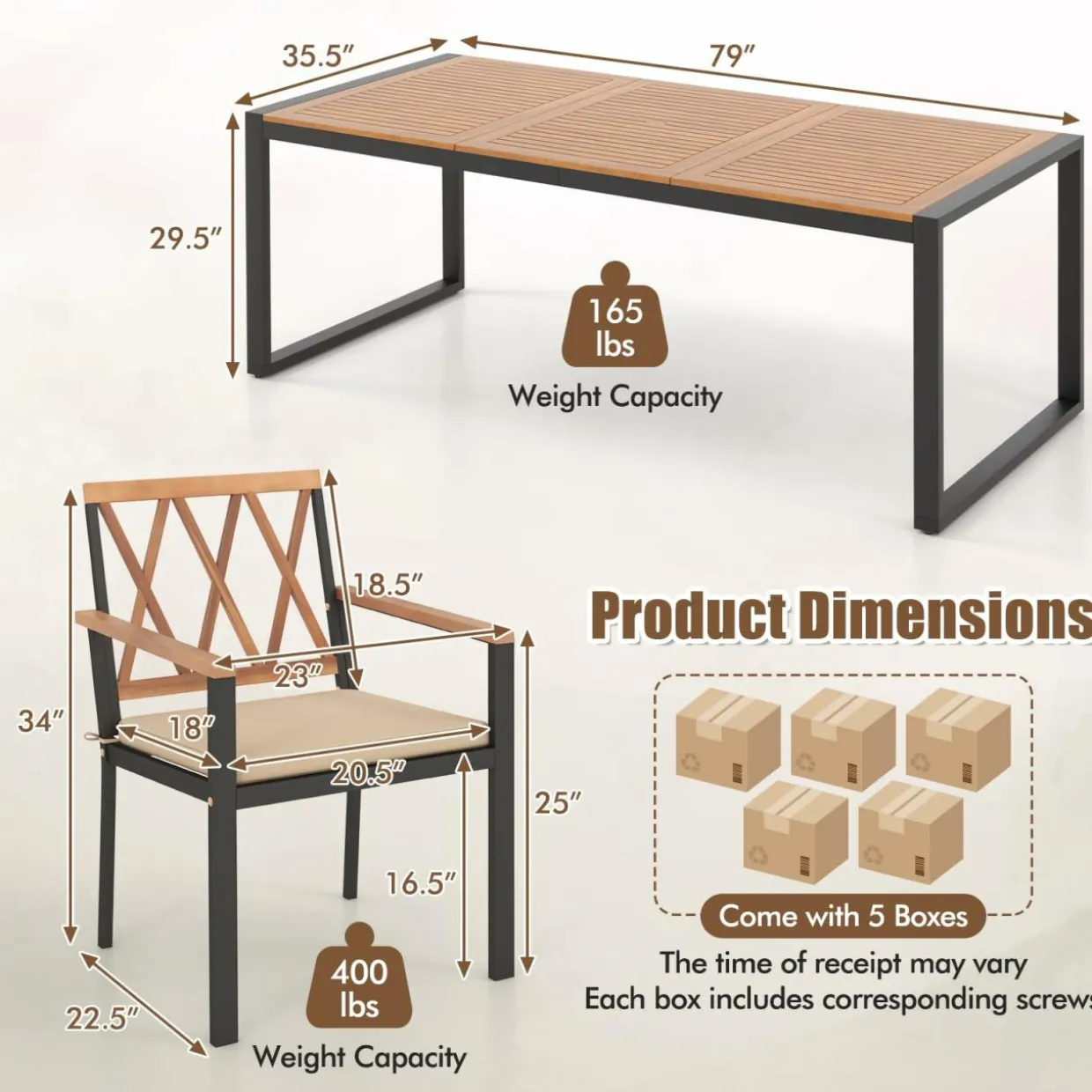 Tangkula 9 Pieces Patio Dining Set, Outdoor Acacia Wood Table and Chairs with Soft Cushions and 1.9” Umbrella Hole