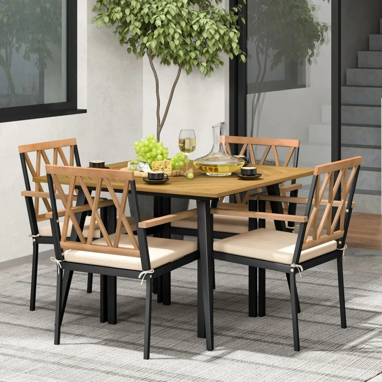Tangkula 5 Pieces Patio Dining Set, 42.5” Square Acacia Wood Dining Table with 1.9” Umbrella Hole