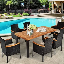 Tangkula 7 Pieces Patio Dining Set, Patiojoy Outdoor Conversation Set w/Acacia Wood Top Table & 6 Stackable Rattan Chairs