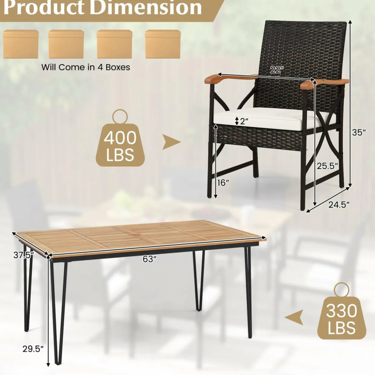 Tangkula 7 Pieces Patio Dining Set with Acacia Wood Dining Table, Rattan Armchairs, Soft Cushions