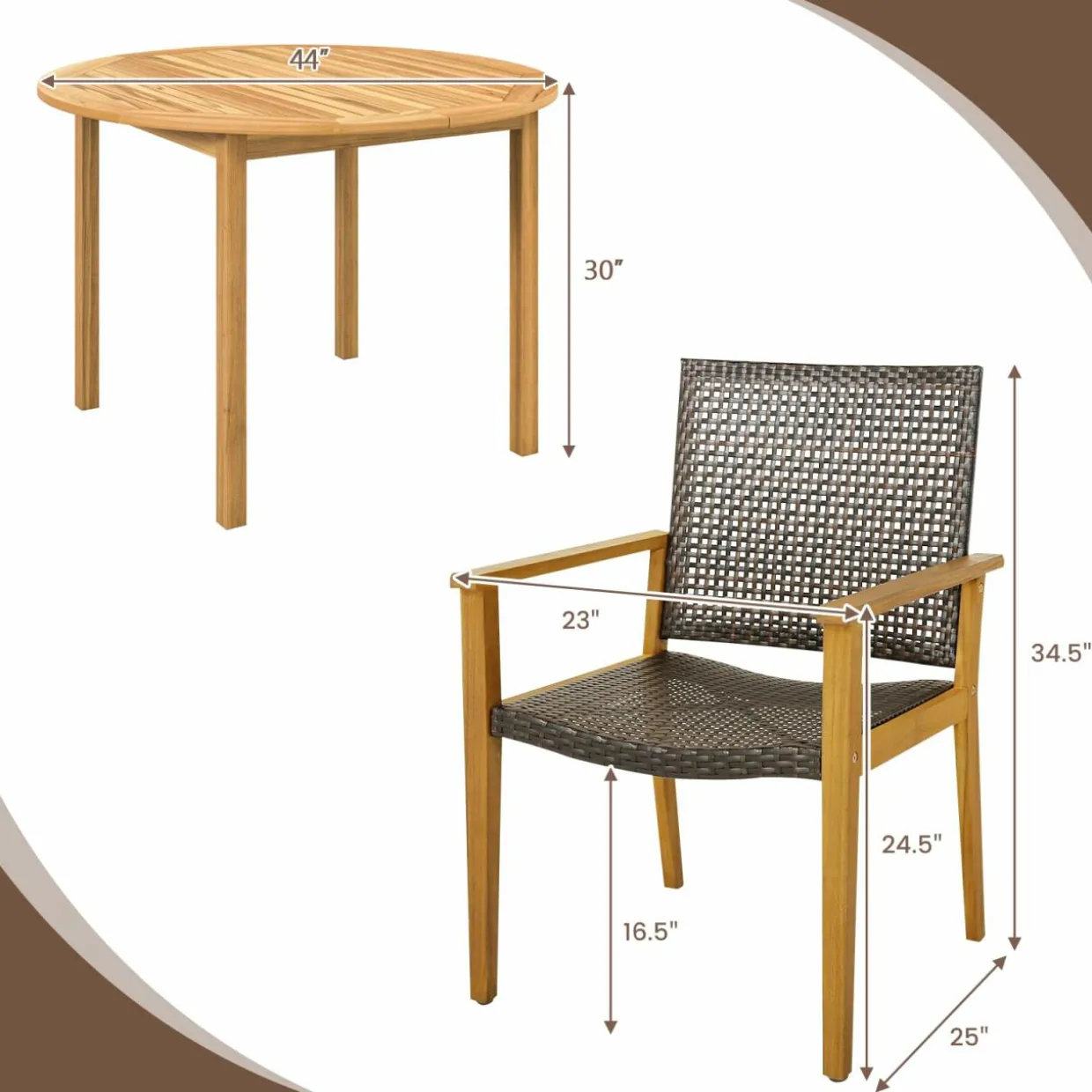 Tangkula 5 Pieces Patio Dining Set, 4 Patio Wicker Armchairs and Round Acacia Wood Dining Table