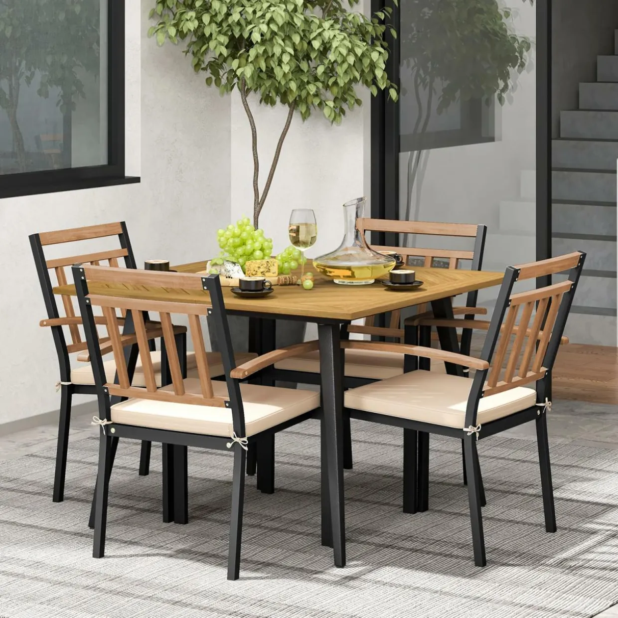 Tangkula 5 Pieces Patio Dining Set, Outdoor Dining Table and Chairs with Cushions, Square Acacia Wood Dining Table with Umbrella Hole