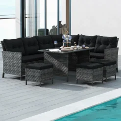 Tangkula 7 Pieces Patio Dining Furniture Set, Outdoor PE Rattan Sectional Sofa Set with Soft Cushions