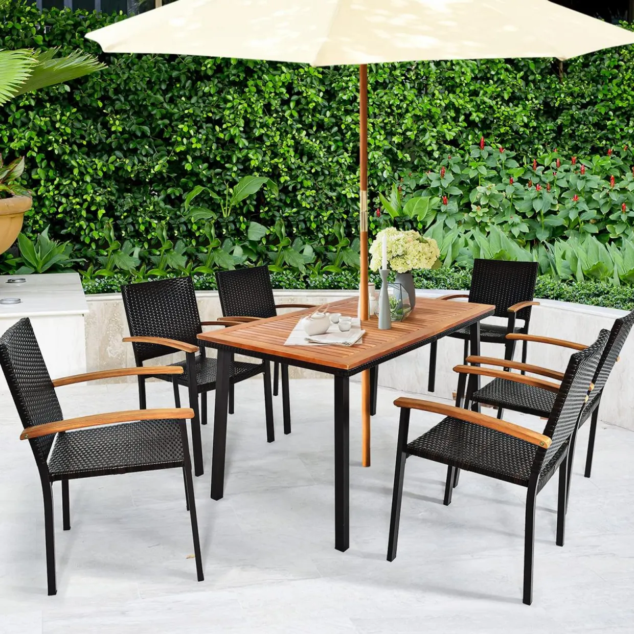 Tangkula 7 Pieces Patio Dining Set, Modern Conversation Set Umbrella Hole for Backyard Garden Poolside
