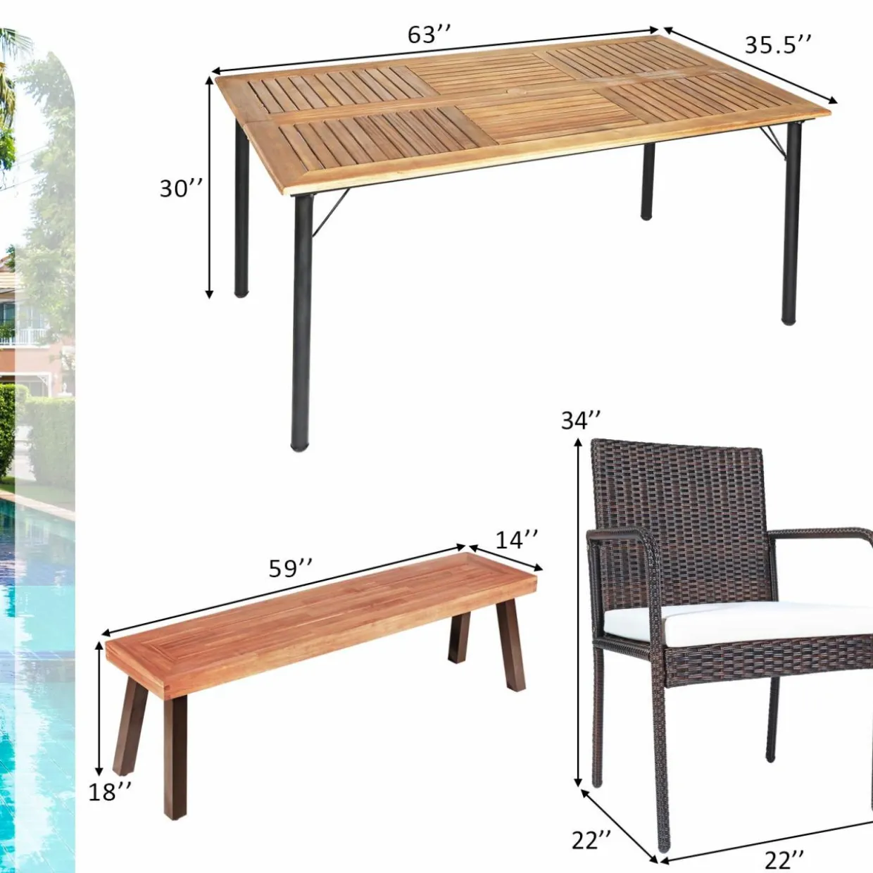 Tangkula 6 Pieces Patio Dining Set, Outdoor Acacia Wood and Wicker Furniture Set w/2.16" Hole