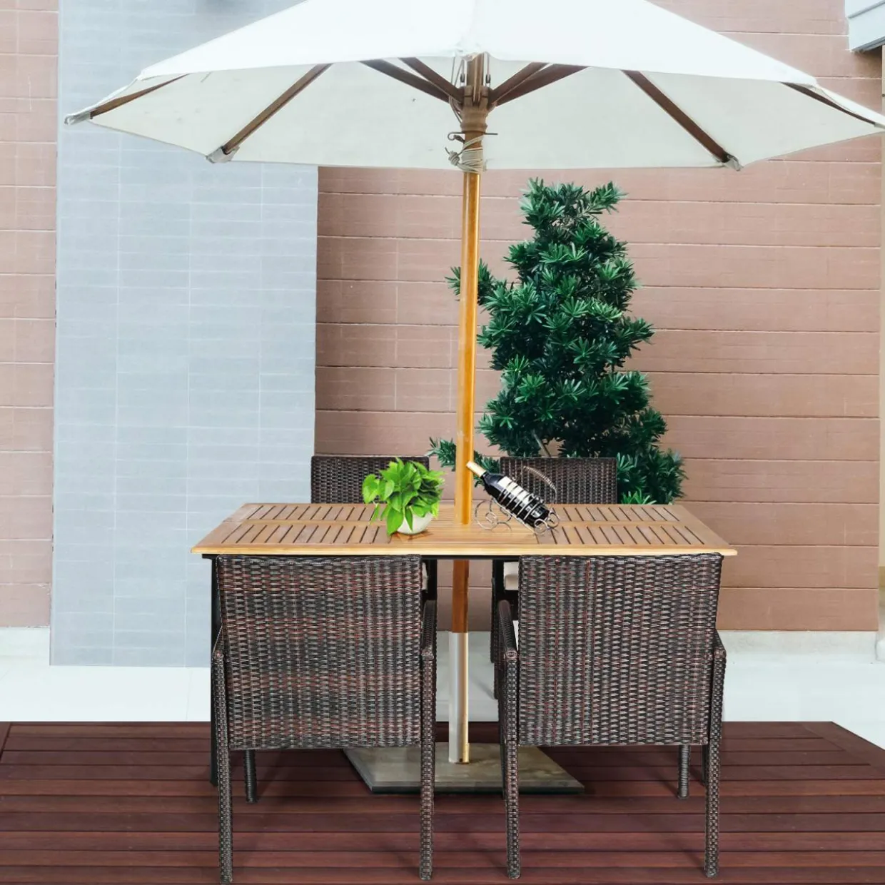 Tangkula 5 Pieces Patio Dining Set, Acacia Wood and Wicker Furniture Set w/2.16"Umbrella Hole for Backyard