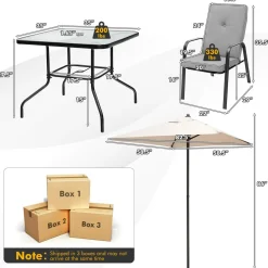 Tangkula 6 Pieces Patio Dining Set w/Umbrella, 35 Inches Square Steel Tempered Glass Table (Grey)