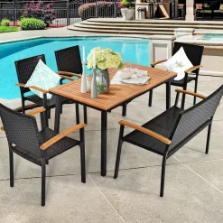 Tangkula 6 Pieces Patio Dining Table and Chairs, Includes All Weather Heavy Duty Acacia Wood Dining Table with Umbrella Hole