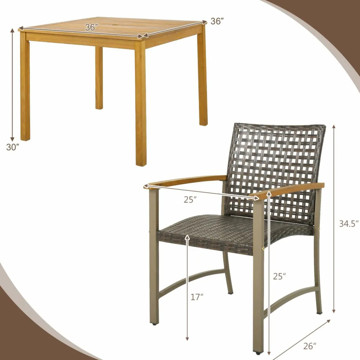 Tangkula 5 Pieces Patio Dining Set, 4 Wicker Armchairs and Square Acacia Wood Dining Table with 1.9” Umbrella Hole