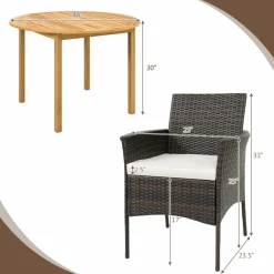 Tangkula 5 Pieces Patio Dining Set, 4 Cushioned Wicker Armchairs and Round Acacia Wood Dining Table