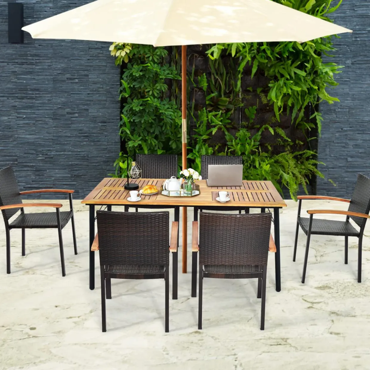 Tangkula 7 Pieces Patio Dining Set, Outdoor Dining Table Set with Acacia Wood Table Top, 6 Wicker Armchairs