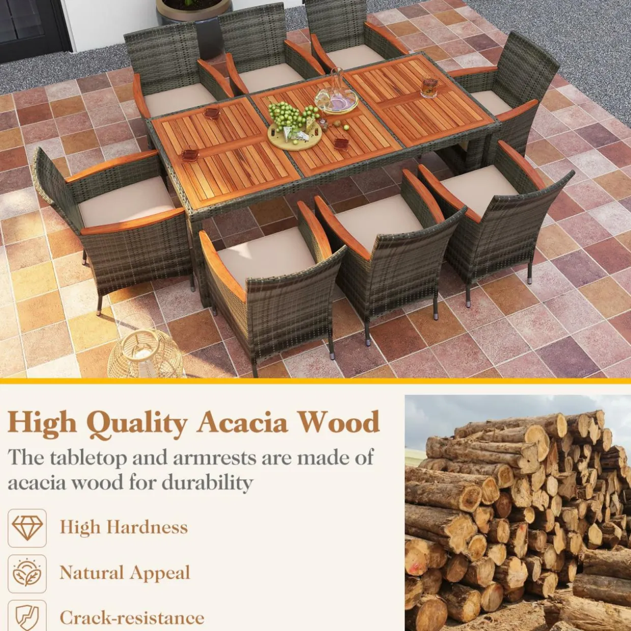 Tangkula 9 Pieces Patio Dining Set, , Outdoor Acacia Wood & Rattan Furniture Set with Cushions, Table & 8 Chairs