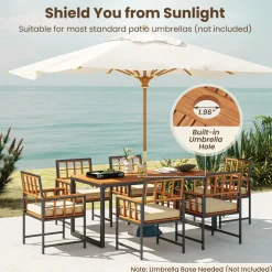 Tangkula 7 Pieces Patio Dining Set, Outdoor Acacia Wood Table and Chairs with Soft Cushions and Umbrella Hole