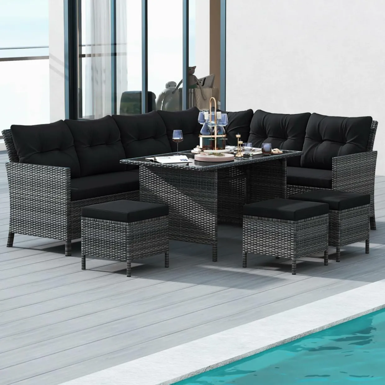 Tangkula 7 Pieces Patio Dining Furniture Set, Outdoor PE Rattan Sectional Sofa Set with Soft Cushions