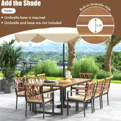 Tangkula 9 Pieces Patio Dining Set, Outdoor Acacia Wood Table and Chairs with Soft Cushions and 1.9” Umbrella Hole