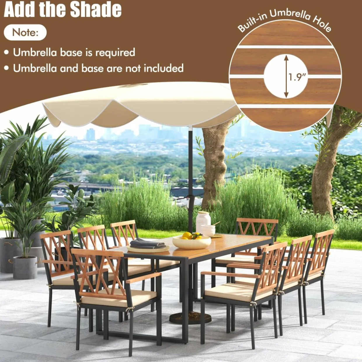 Tangkula 9 Pieces Patio Dining Set, Outdoor Acacia Wood Table and Chairs with Soft Cushions and 1.9” Umbrella Hole