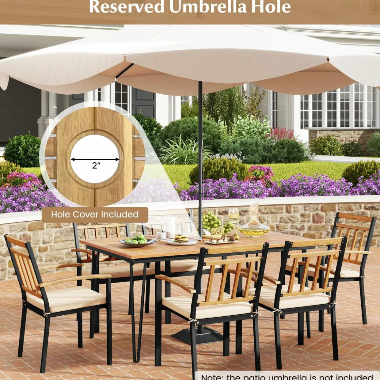 Tangkula 7 Pieces Patio Dining Set with Acacia Wood Dining Table & Armchairs, Soft Cushions, 2” Umbrella Hole
