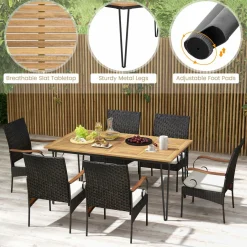 Tangkula 7 Pieces Patio Dining Set with Acacia Wood Dining Table, Rattan Armchairs, Soft Cushions