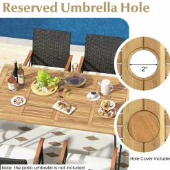 Tangkula 7 Pieces Patio Dining Set with Acacia Wood Dining Table, Rattan Armchairs, Soft Cushions